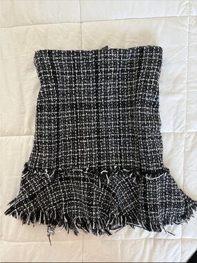 Tweed Mini Skirt Black White Frayed Hem Old Money Chic X Small Office Siren
